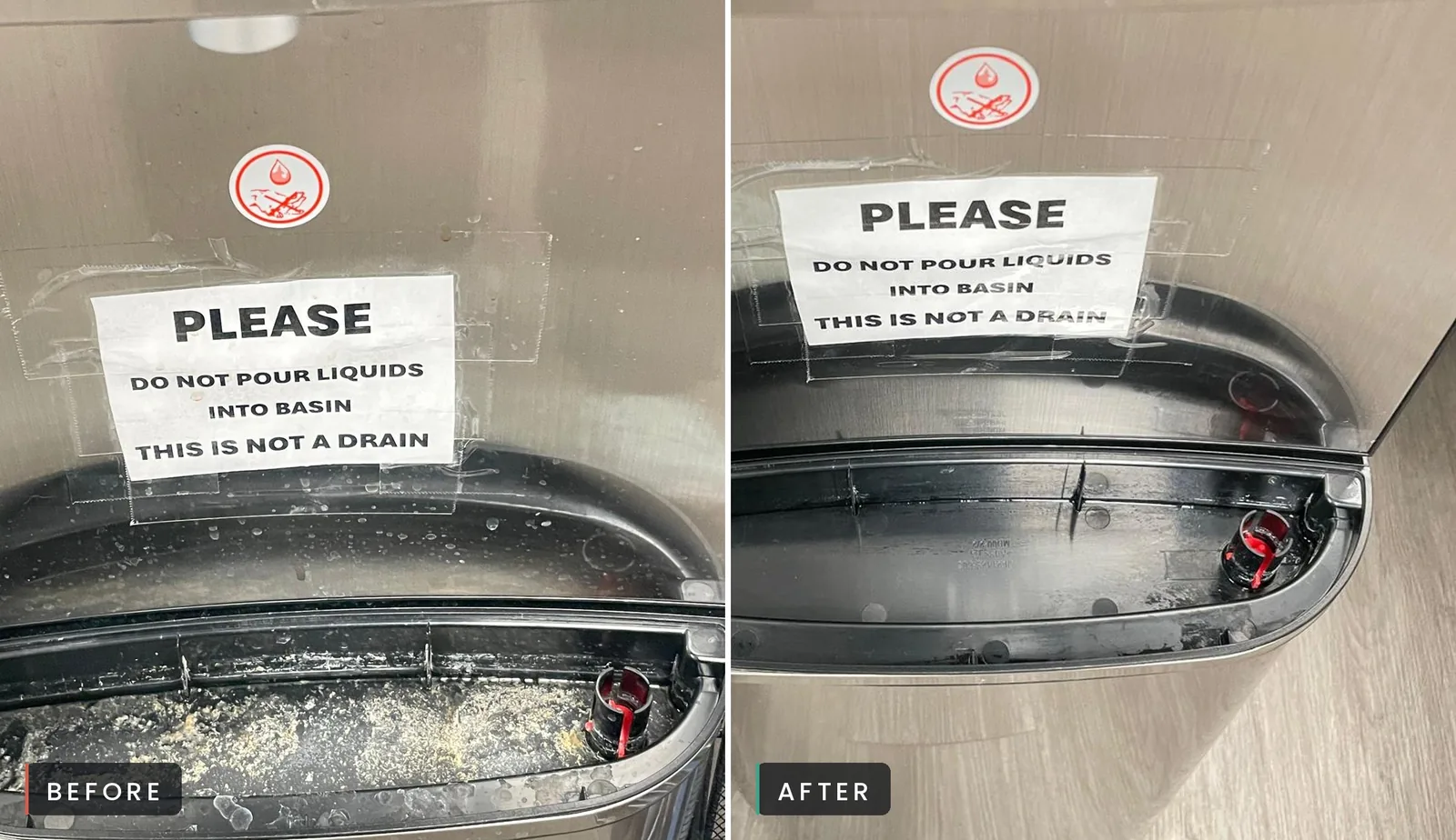 Before and after of a water dispenser drip basin cleaned by Sunbrite Cleaning LLC