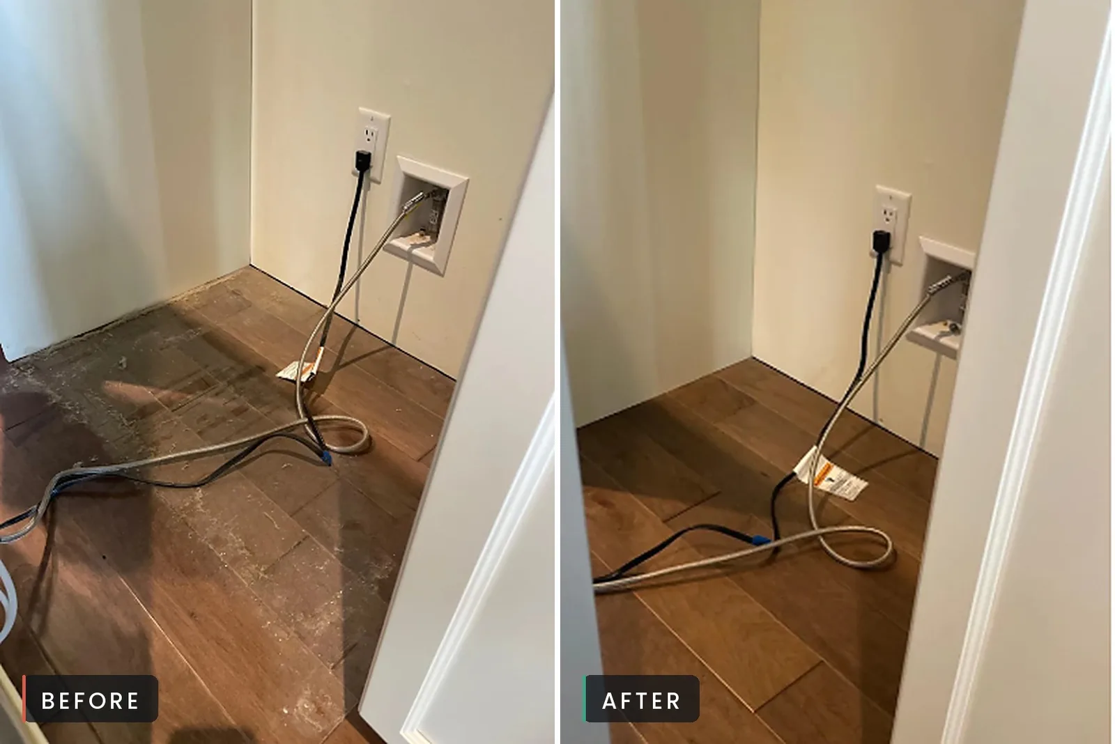 Before and after of a floor corner and baseboards cleaned by Sunbrite Cleaning LLC
