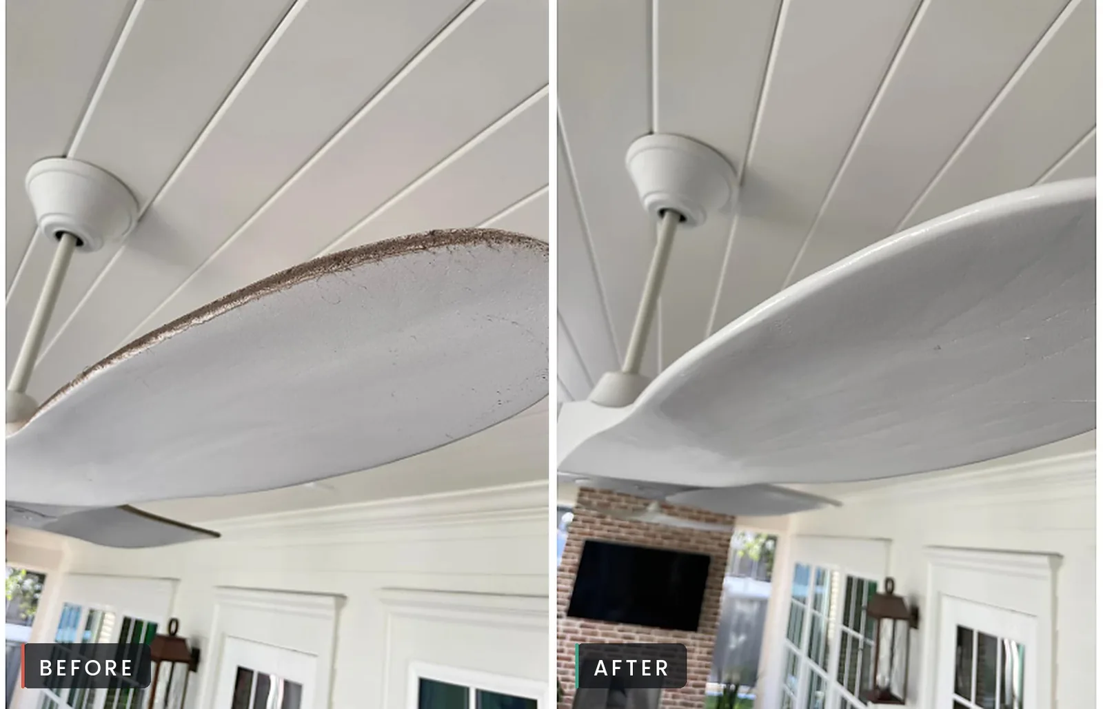 Before and after of a porch ceiling fan cleaned by Sunbrite Cleaning LLC
