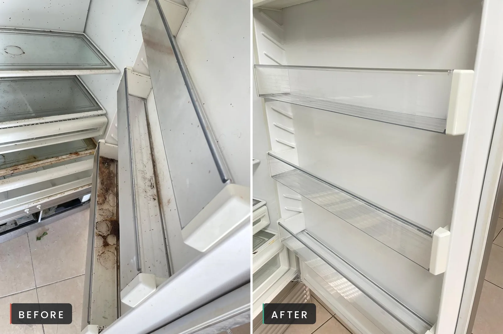 Before and after of refrigerator door shelves cleaned by Sunbrite Cleaning LLC