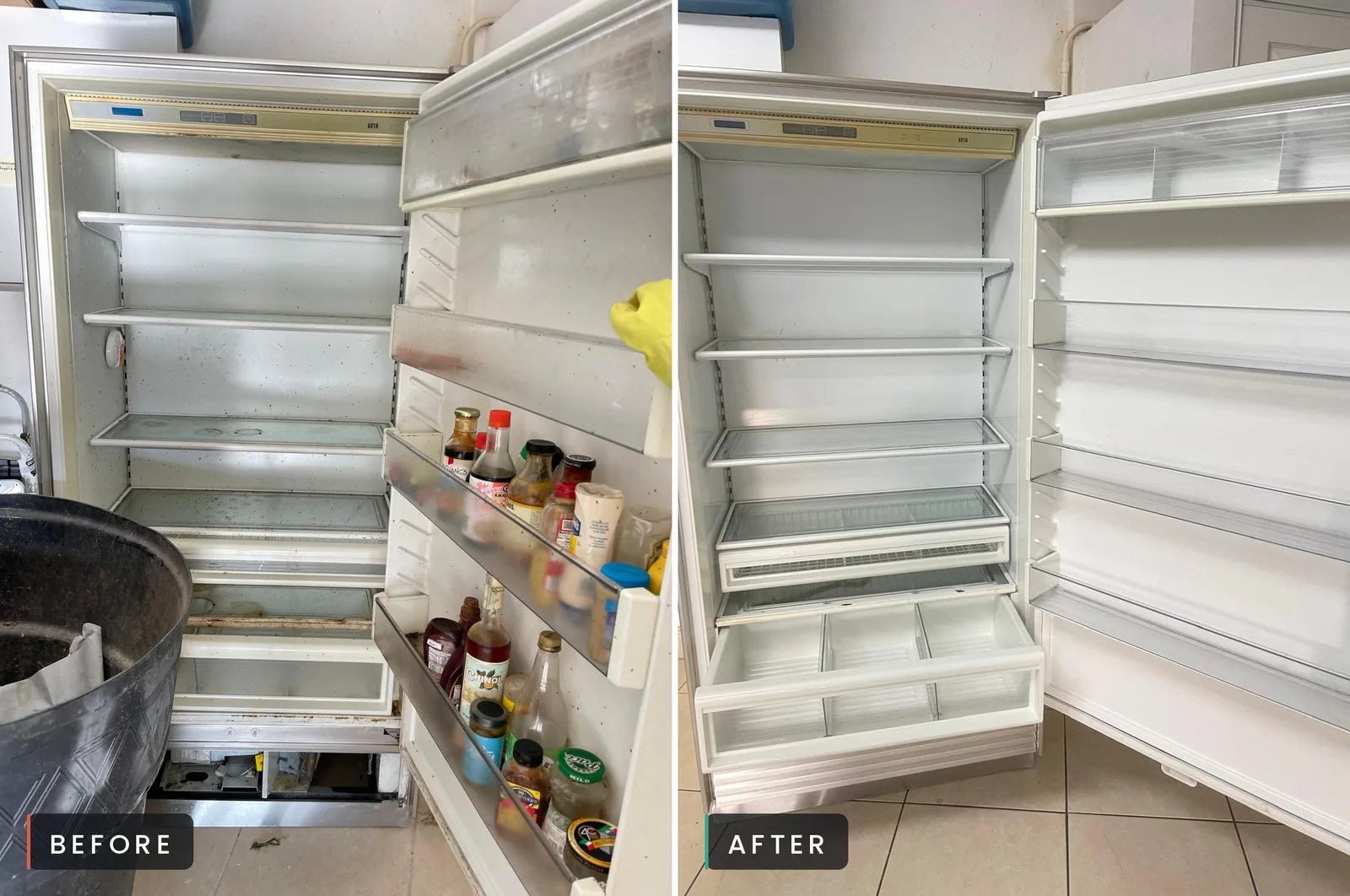 Before and after of a refrigerator interior deep cleaned by Sunbrite Cleaning LLC