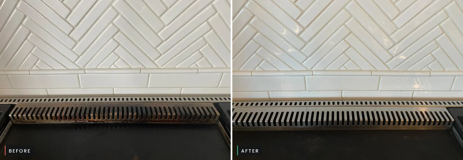 Before and after of a rusty stove vent grille restored by Sunbrite Cleaning LLC