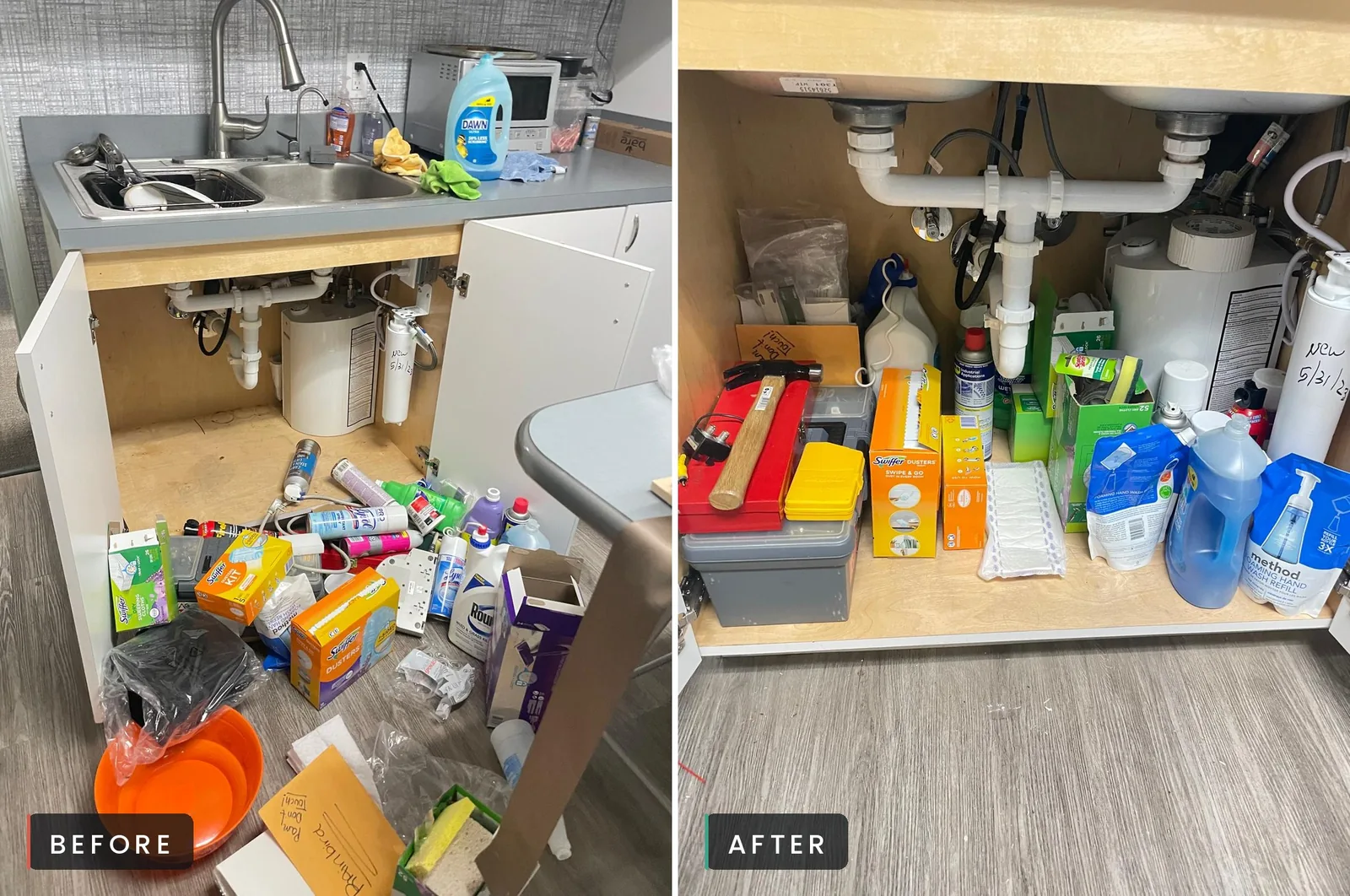 Before and after of an under-sink cabinet detailed by Sunbrite Cleaning LLC