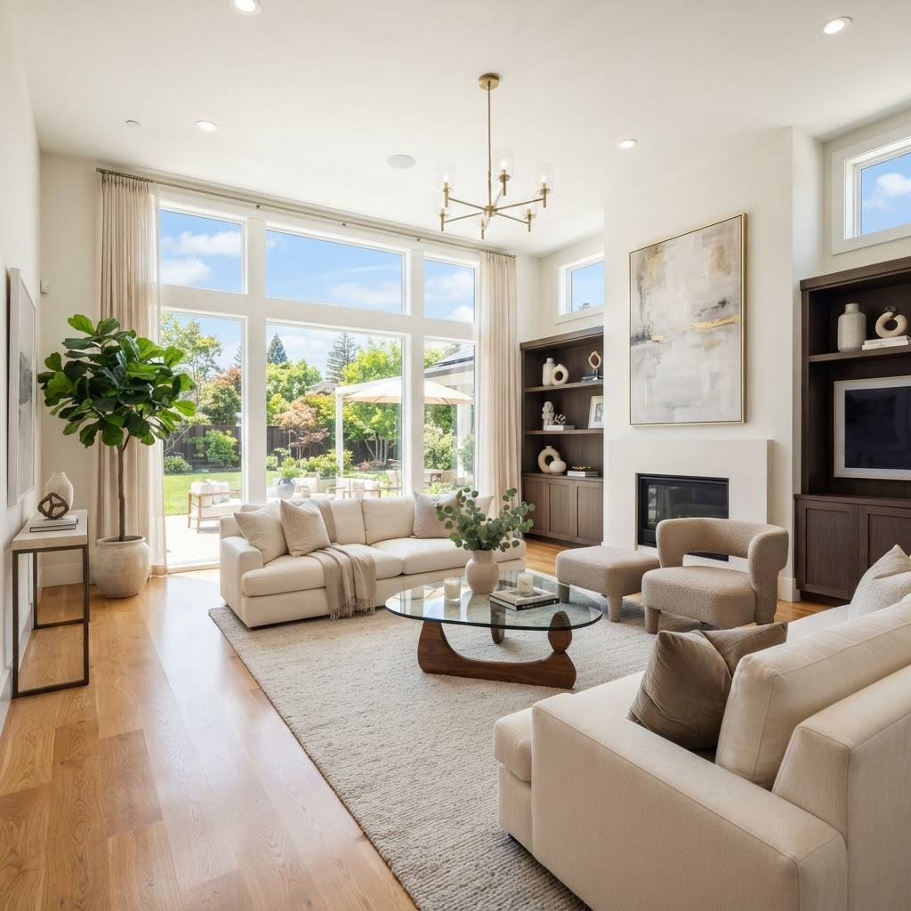 Bright, pristine luxury living room interior after professional cleaning